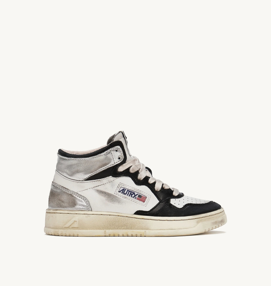 Super Vintage Mid Top Trainers in White Leather/Black/Silver