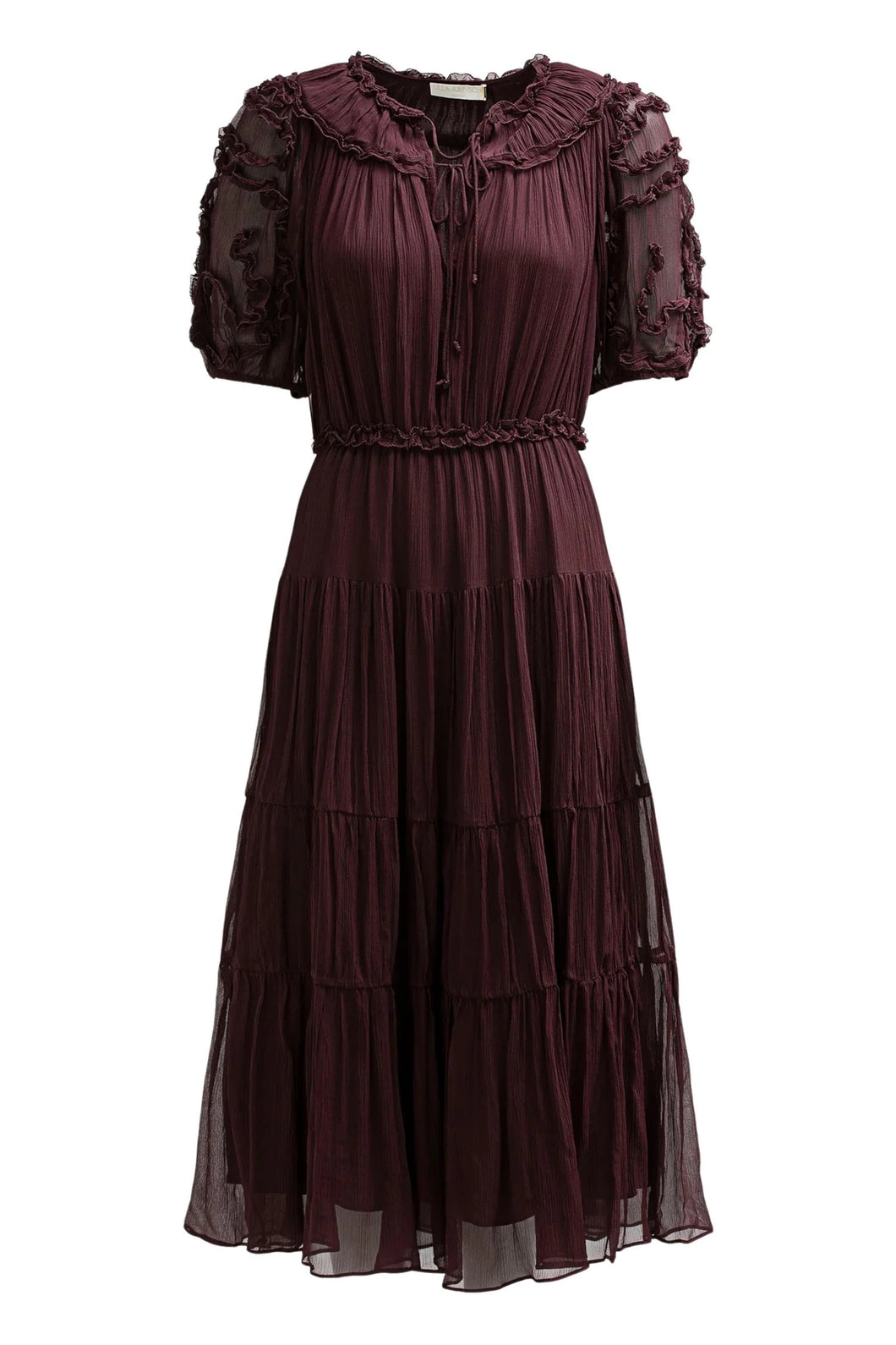 Nan Silk Short Sleeve Midi Dress in Mahogany