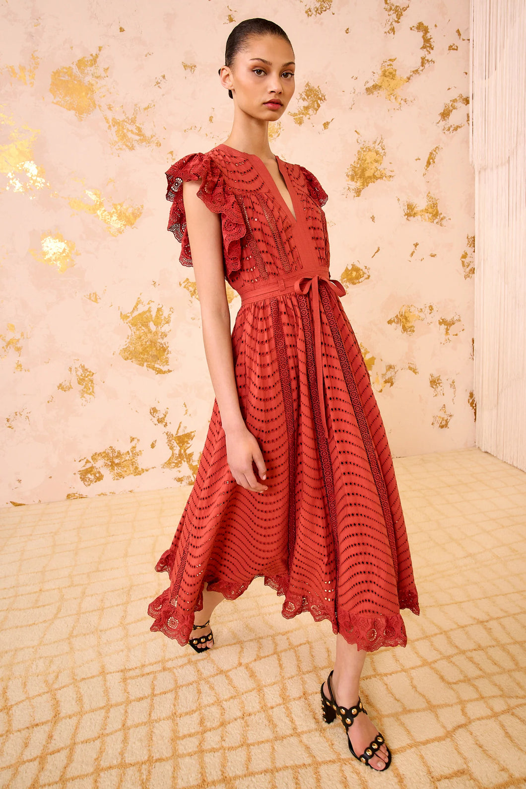 Olga Flutter Sleeve Dress in Claret